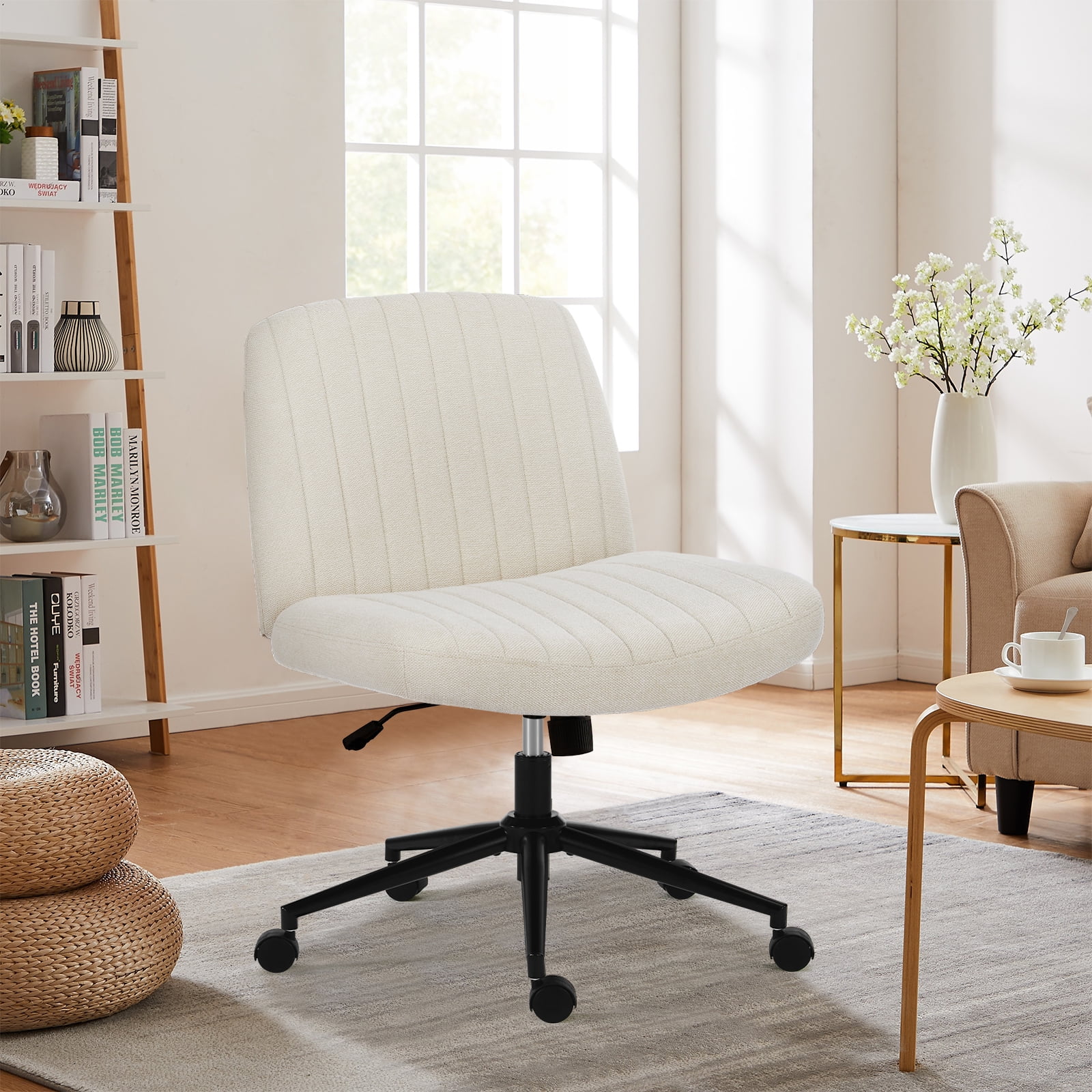 JIOABL Criss Cross Chair with Wheels,Wide Seat Ergonomic Desk Chair,U Shaped Backrest,Height Adjustable Armless Swivel Chair for Home Office,Vanity & Living Room,Linen Beige