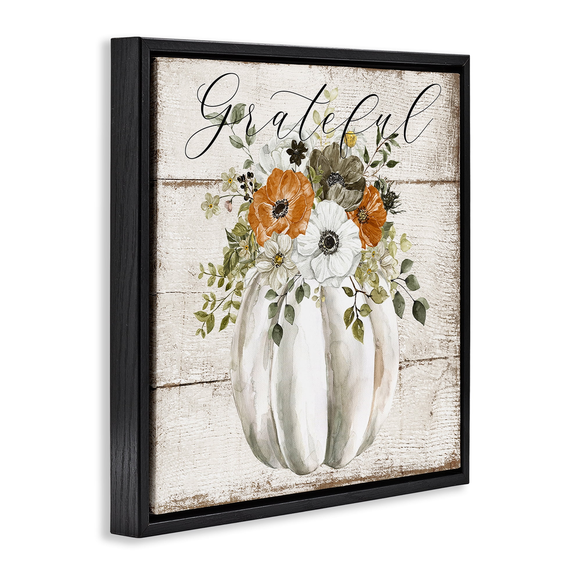 Stupell Industries Grateful Floral Pumpkin Holiday Painting Black Floater Framed Canvas Art Prints Wall Art, 18 x 18