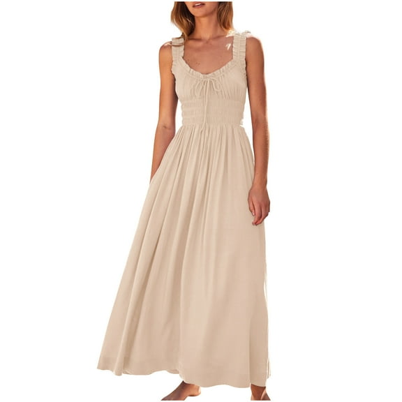 Rvkxad Dresses for Women 2025 Casual Spring Sleeveless Maxi Dresses Tie Front A-Line Empire Waist Casual Summer Smocked V Neck Flowy Boho Long Dress Beige S