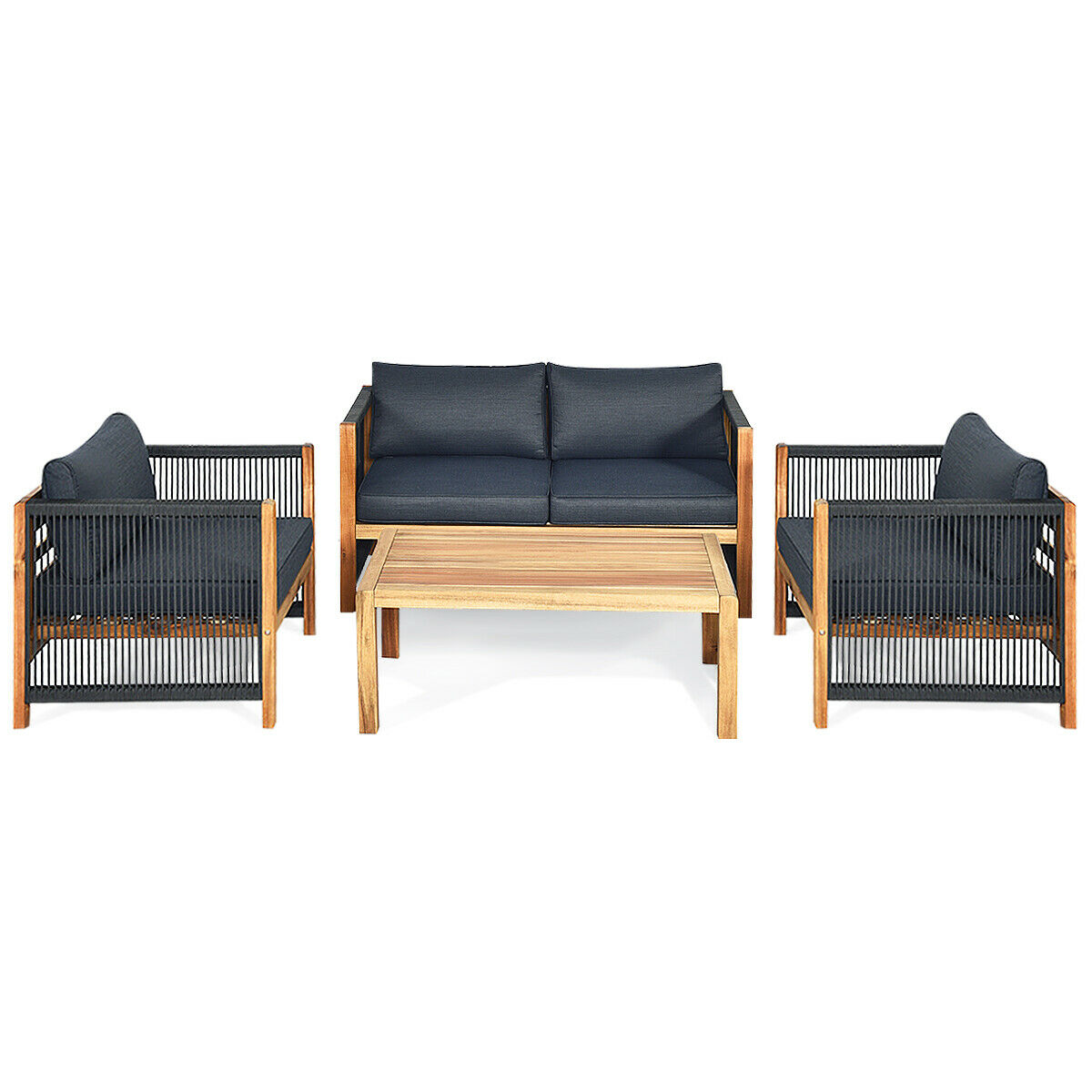 Gymax 8PCS Acacia Wood Outdoor Patio Furniture Set Cushioned Sofa W/Nylon Rope Armrest - image 4 of 9