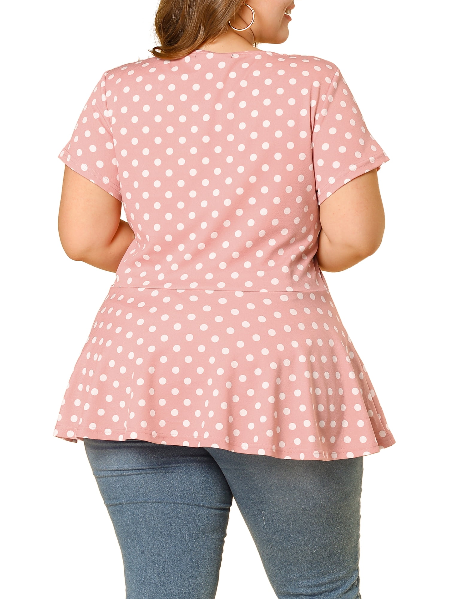 Unique Bargains Women's Plus Size Short Sleeves Polka Dots Outfits Fashion Peplum Blouse
