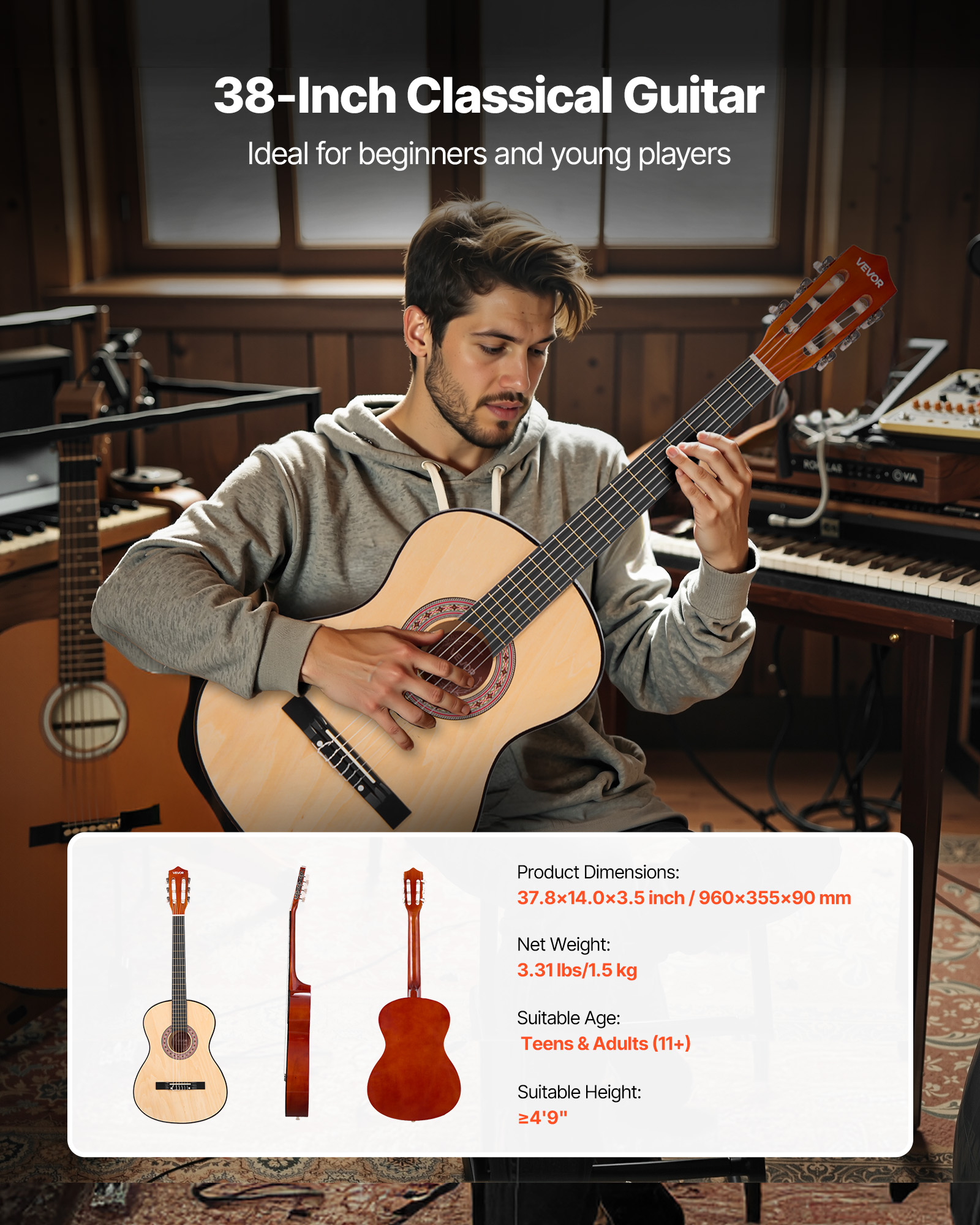 VEVOR 38in Classical Guitar,Wood Guitar Starter Kit for Beginners, with Nylon Strings, Gig Bag, Strap, Tuner, Extra Strings, Pick, Capo, Basswood,for Teenagers Adults Students, Natural