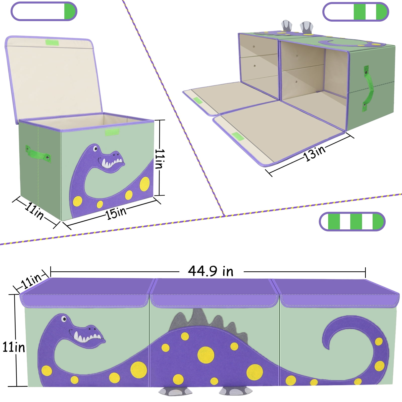 ASKETAM Kids Dinosaur Toy Box - Large Storage Bin for Boys & Girls, Cute Organizer (Purple Dinosaur)