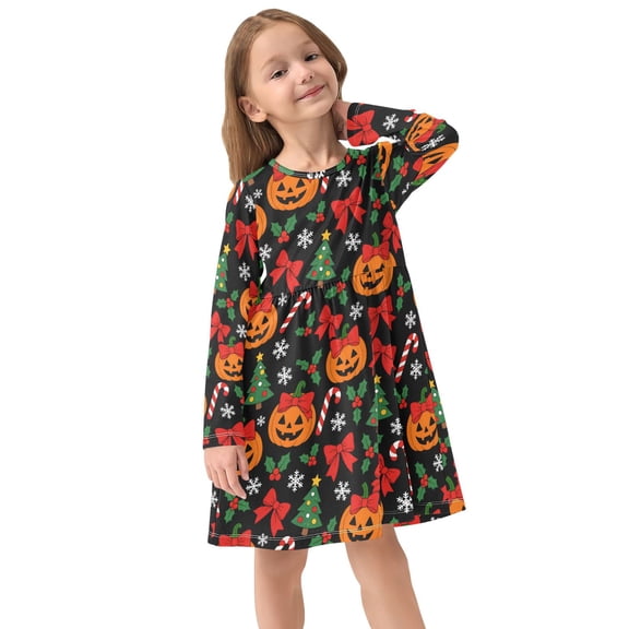 Girls Dress Soft Casual Long Sleeve Cute Dress for Girls Fashion Prints Christmas Theme Crew Neck