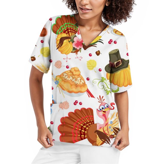 BloomJoy Scrubs for Women Ladies' Thanksgiving Printed Short Sleeved Protective Clothing V Tie Pocket T Shirt Top 1 Long Sleeve Spandex Shirt Football Women Stripes Women's