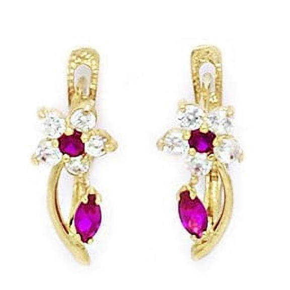 14k Yellow Gold July Red CZ Large Flower and Leaf Leverback Earrings - Measures 16x6mm