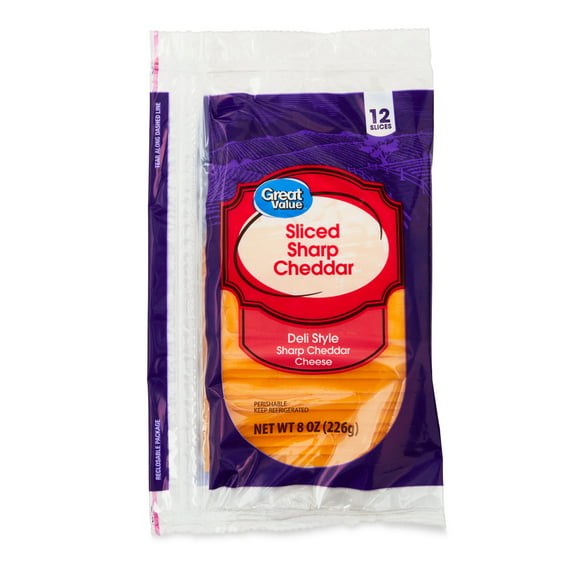 Great Value Deli Style Sliced Sharp Cheddar Cheese, 8 oz, 12 Slices