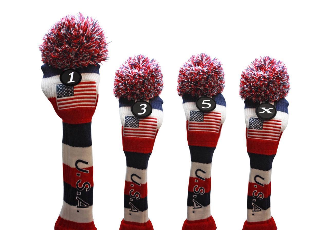 USA Majek Golf Driver 1 3 5 X Fairway Woods Headcovers Pom Pom Knit Limited Edition Vintage Classic Traditional Flag Stars Red White Blue Stripes Retro Head Cover Fits 460cc Drivers and 260cc Woods - image 1 of 8
