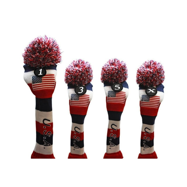 USA Majek Golf Driver 1 3 5 X Fairway Woods Headcovers Pom Pom Knit Limited Edition Vintage Classic Traditional Flag Stars Red White Blue Stripes Retro Head Cover Fits 460cc Drivers and 260cc Woods
