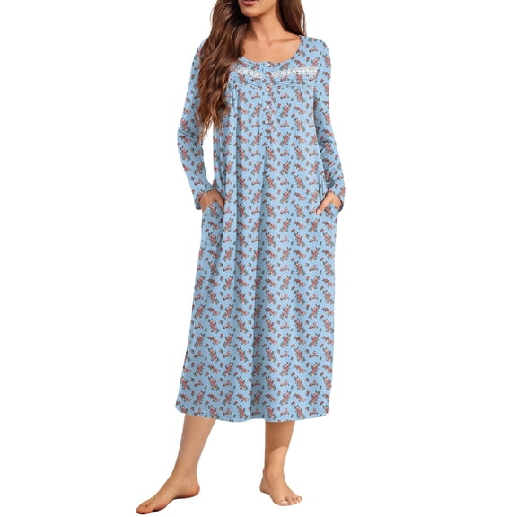 Ekouaer Long Sleeve Nightgowns for Women Long Sleepshirts Button Night Gowns Full Length Sleepwear with Pockets Flower Clusters