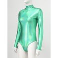 thumbnail image 6 of MSemis Women Metallic Liquid Ballet Leotard Gymnastics Bodysuit Long Sleeve Mock Neck Unitard Tops Green S, 6 of 7