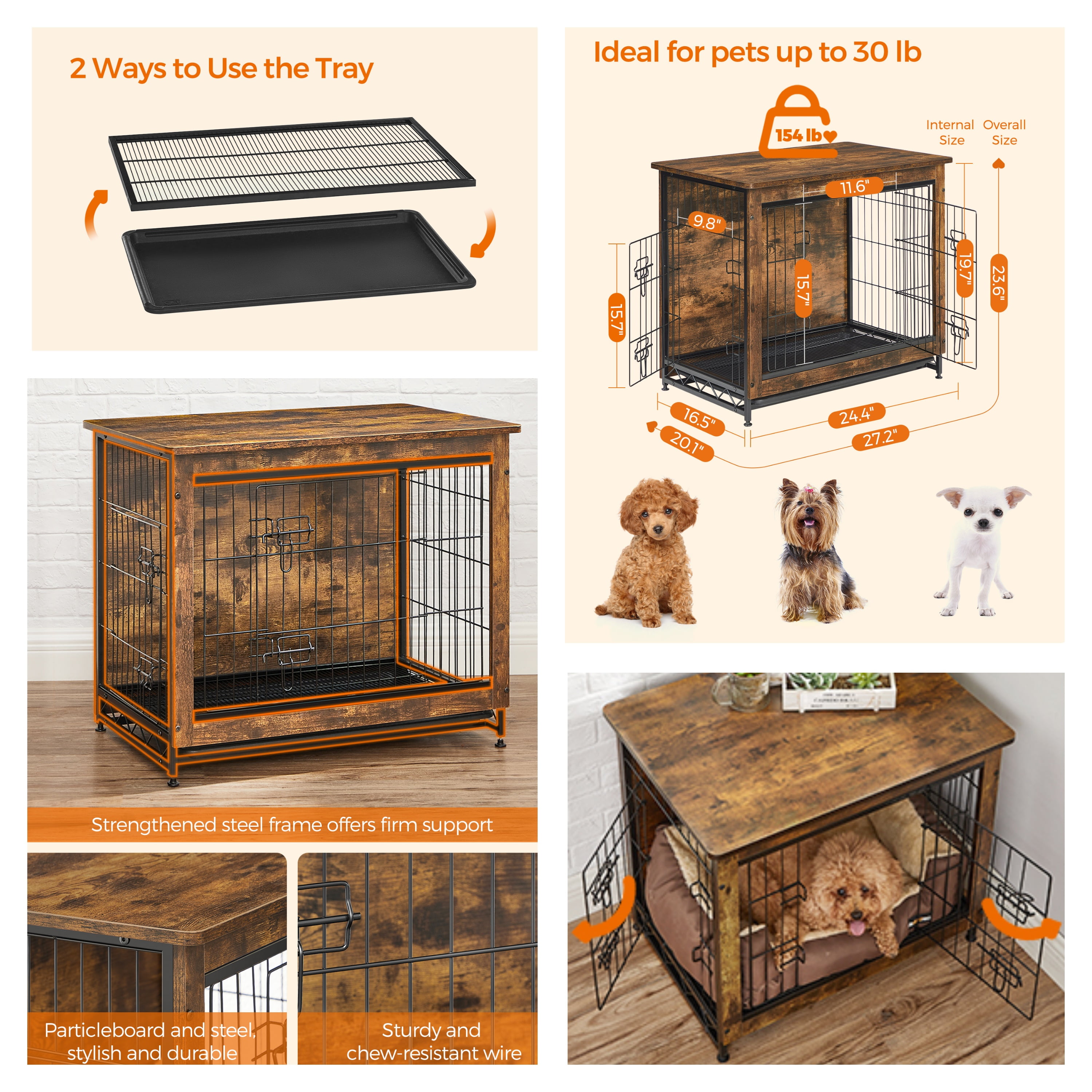 LEDREM Dog Crate Furniture, 27.2-Inch Indoor Dog Kennel with Double Doors, Removable Tray, Side Table, for Small Dogs up to 30 lb, Rustic Brown