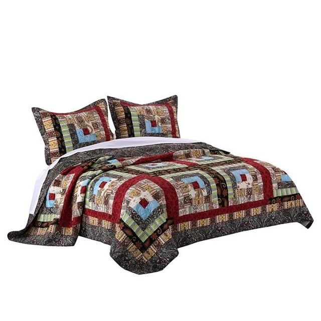 Ensemble de Courtepointe en Coton Thames avec Motif Cabane en Rondins, Multicolore - Taille King - 3 Pcs