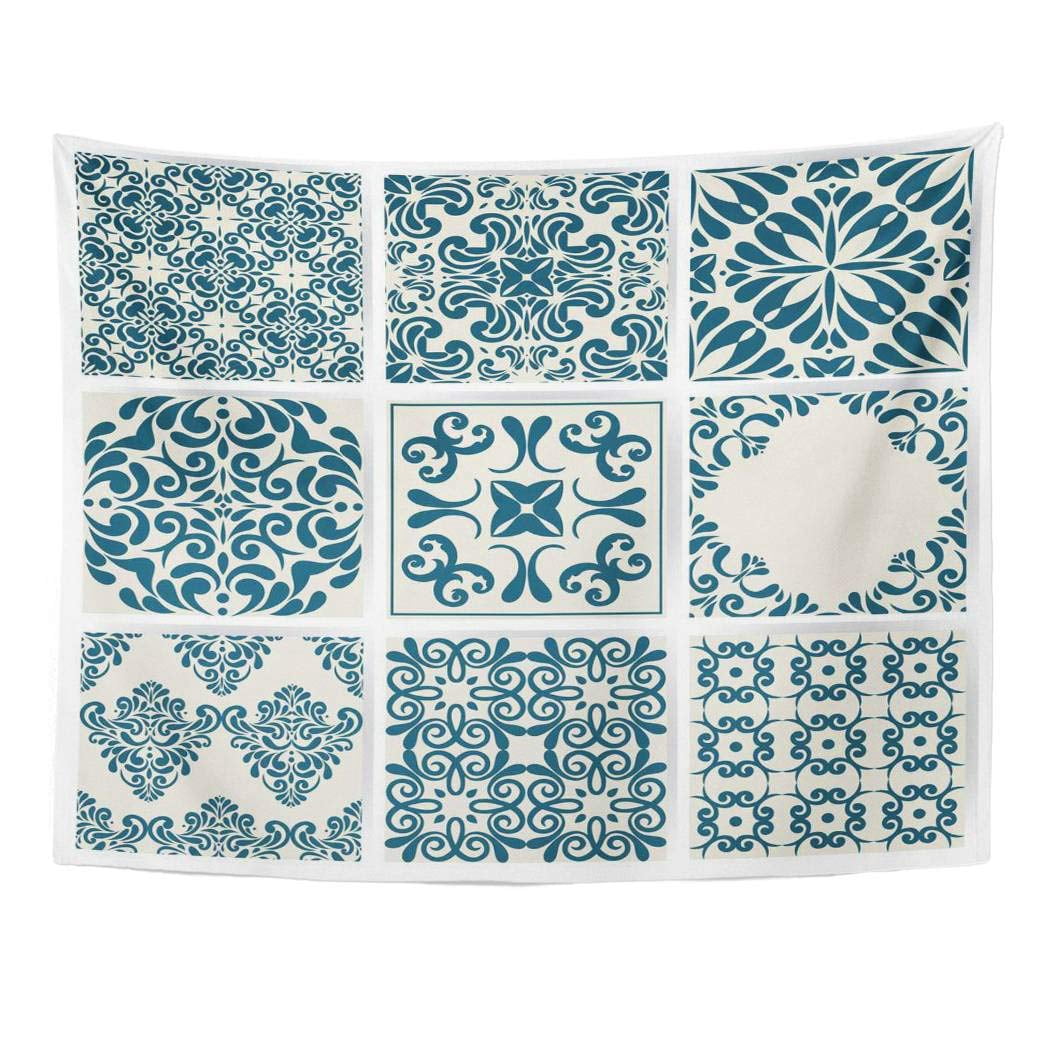 ZEALGNED Orange Portuguese 9 Ceramic Tiles Retro Blue Azulejo Wall Wall Art Hanging Tapestry Home Decor for Living Room Bedroom Dorm 60x80 inch