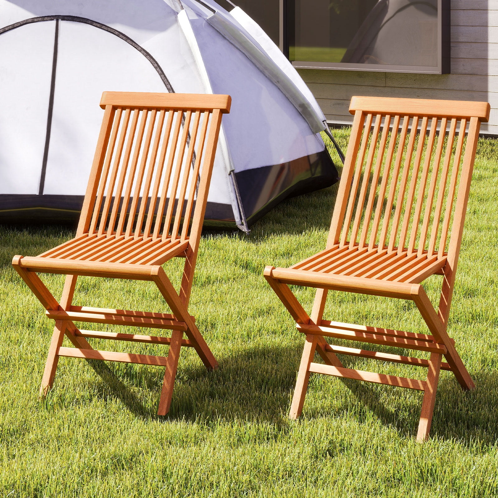Gymax Teak Wood Patio Chairs Set of 4 Outdoor Folding Chairs w/ High Back for Dining