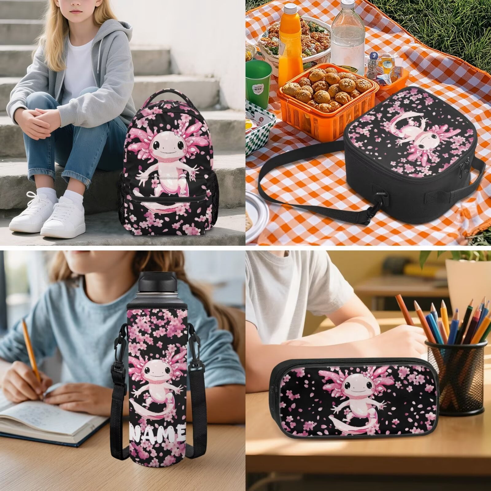 Pzuqiu Axolotl Cherry Blossom Kids Backpack School Bag Set with Lunch Box Pencil Case Water Bottle Bag 5 Piece Bookbags with Adjustable Shoulder Strap for Girls Teens
