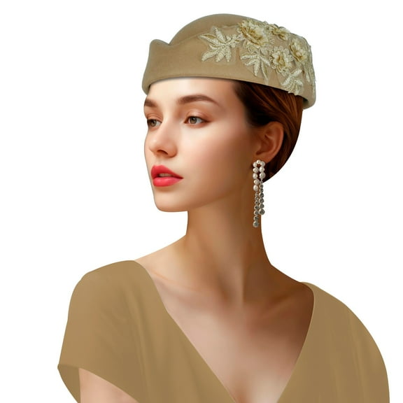 Vintage Felt Beret Women African Inspired Floral Embroidery Round Top Church Hat