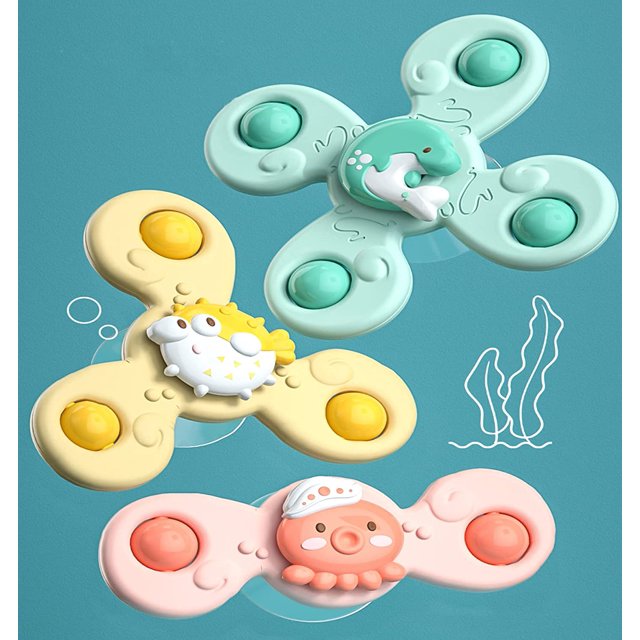 Juguetes con ventosa, juguetes para bebés con peonza, juguetes giratorios de la serie Ocean, delfín, pez globo, calamar, juguetes con ventosa de 3 piezas, primer regalo de cumpleaños para niños