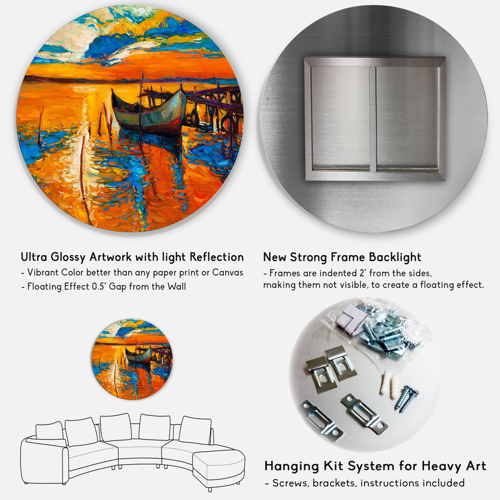 Designart 'Boat At The Lake During Evening Glow VII' Nautical & Coastal Circle Metal Wall Art 11x11 - Disc of 11