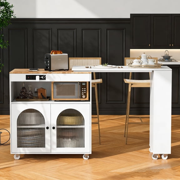 Rolling Kitchen Island with Extended Table, LED Lights & Power Outlets, 2 Fluted Glass Doors, Storage Compartment & 3 Side Open Shelves, Grey Mobile Cart for Kitchen
