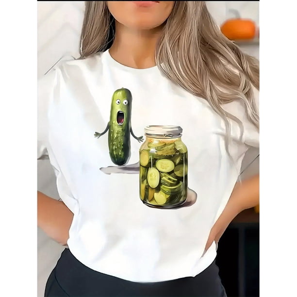 Camiseta informal de cuello redondo para mujer con estampado de tarro de pepinillos, diseño geométrico, tejido de punto de algodón, elasticidad media, comodidad para todo el año, ideal para practicar