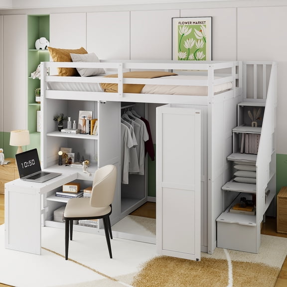 Full Size White Loft Bed with Wardrobe, Desk & Shelves