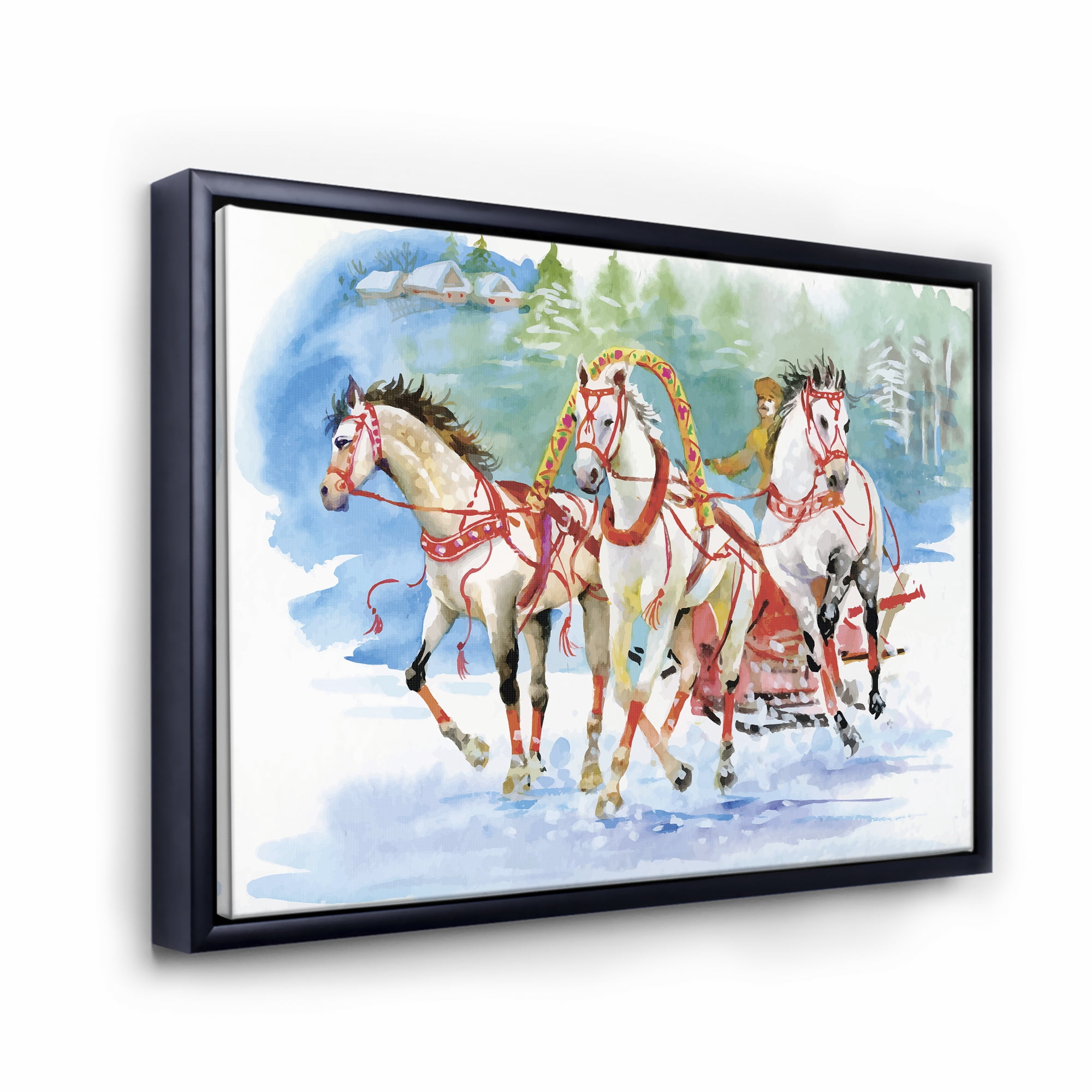 Designart 'Carriage In The Snow With Galoping Horses' Farmhouse Framed Canvas Wall Art Print