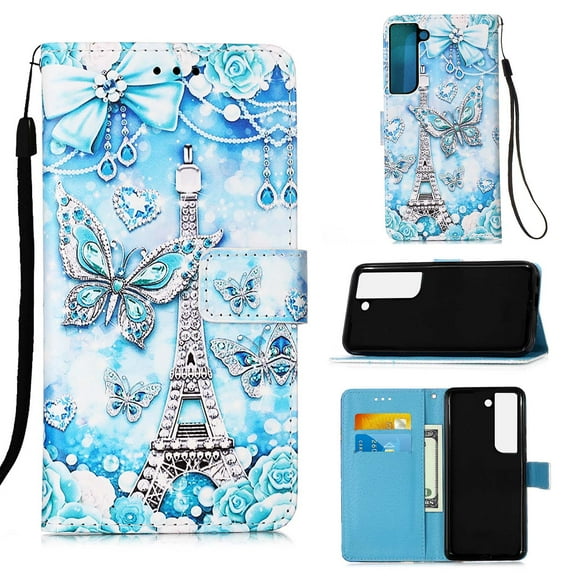 For Samsung Galaxy S22 Case 5G, Mantto Magnetic Cute Slim With Hand Rope Strap Patterned Flip Cash Slot and Card Slot Case,Kickstand Phone Skin For Samsung Galaxy S22, Tower Butterfly