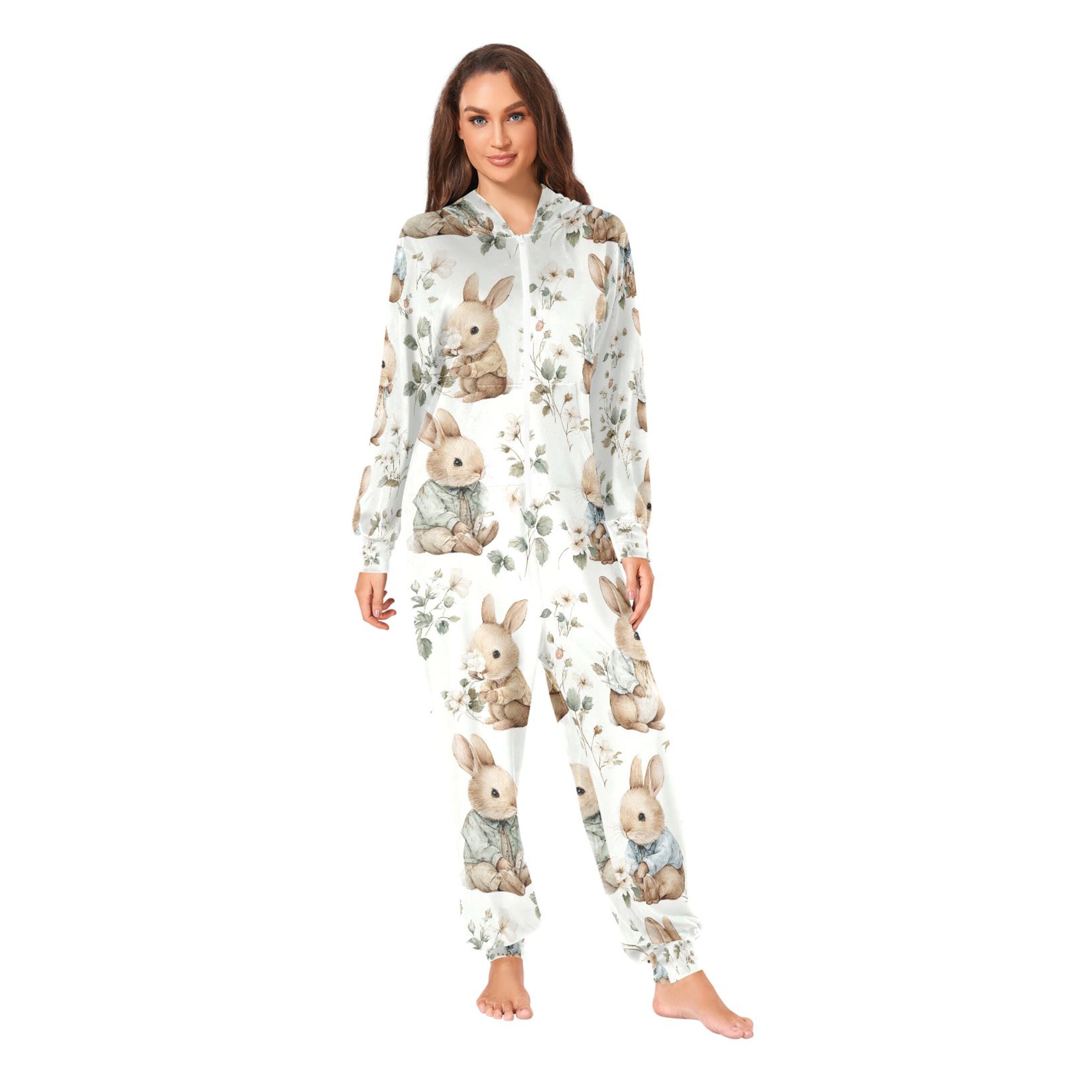 Adult Christmas Onesie Rabbit and Leaves Adult Zipper One-Piece Pajamas Unisex Pajamas with Pockets