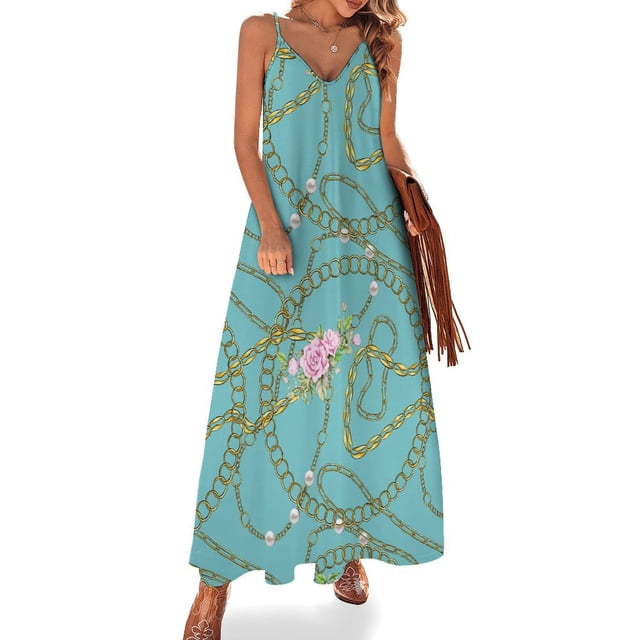 Vestido largo bohemio con cadenas doradas y estampado de joyas, estilo vintage, moda urbana, tirantes personalizados, talla grande
