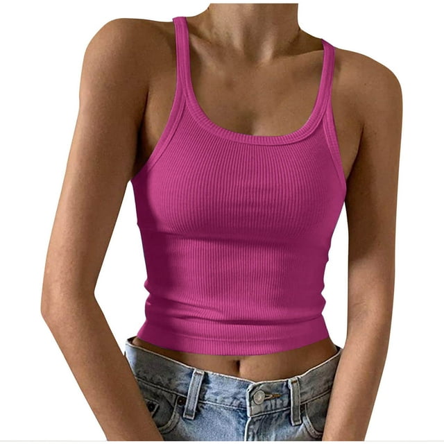 Olyvenn Débardeur Court Sans Manches pour Femme, Mode d'Été, Coupe Ajustée, Encolure Dégagée, Tricot Côtelé, Camisole Courte Basique, Hauts, Rose Vif, G