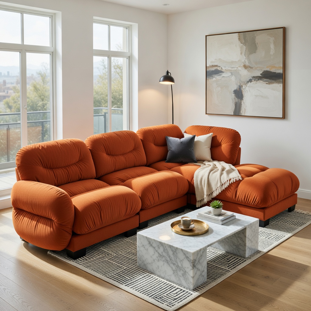 Hommoo Modern Chenille L-Shaped Modular Sectional Sofa with Ergonomic Foam, Curved Armrests, Ottoman & 2 Throw Pillows, 3-Seater Pleated Design, Orange
