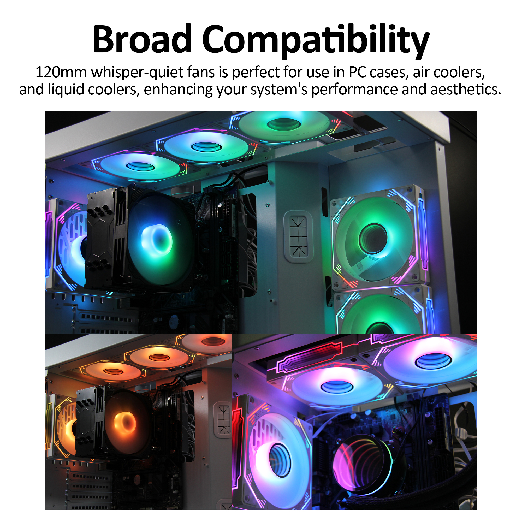 PANO-MOUNTS 120mm Reverse Airflow ARGB Fan Infinity Mirror 5V 3Pin Addressable RGB PWM PC Computer Water Cooler CPU Case Fan 600-1800RPM White 3-Pack