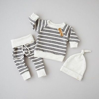Fashion 3pcs Newborn Baby Newborn Boy Girls Kids Infant striped tops pants Hat Bodysuit Outfits homewear