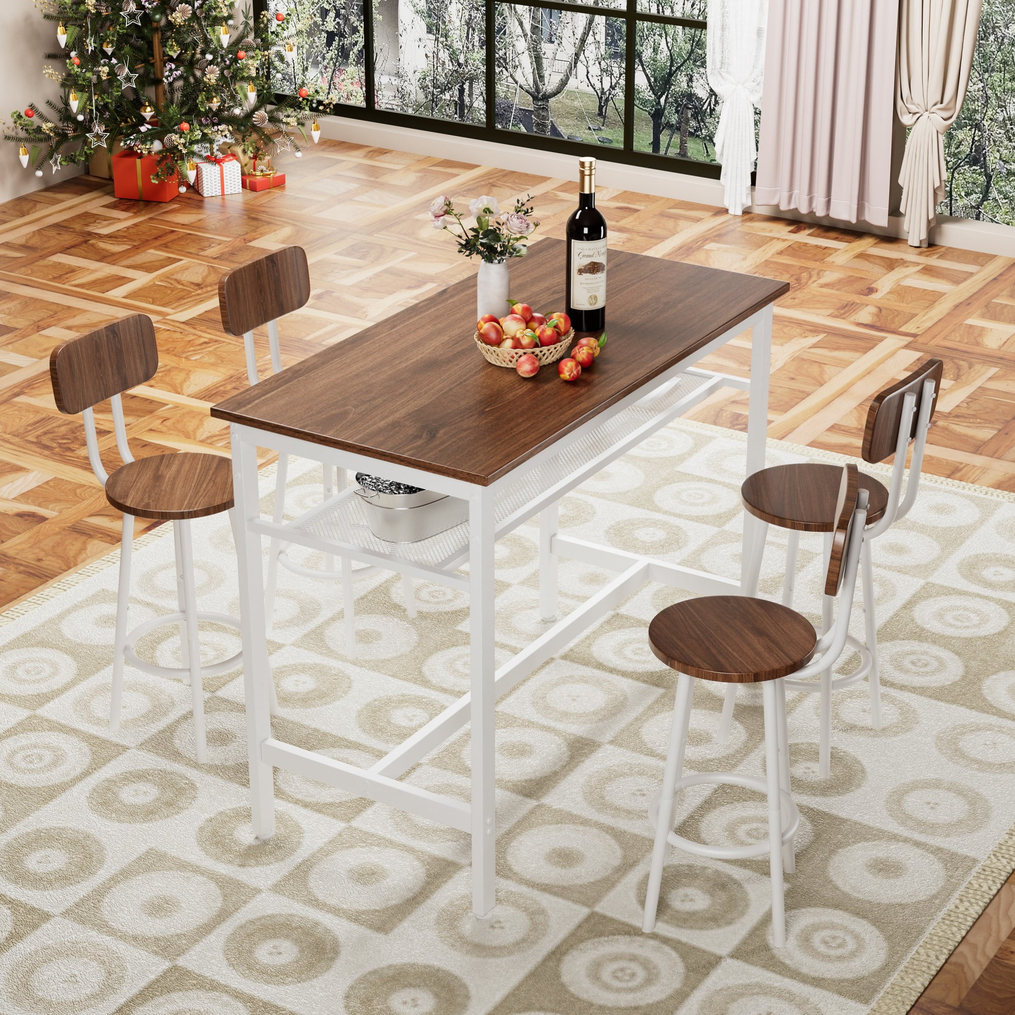 Aukfa 5-Piece Bar Table Set with Metal Shelf, Counter Height Dining Table & 4 Stools, Space-Saving Kitchen Pub Set for Small Spaces, Walnut - Industrial Style
