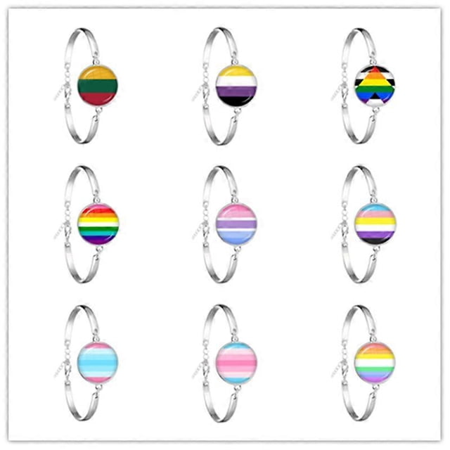 New Fashion Glass Cabochon Colorful Rainbow Flower Bracelet Crystal Chain Bangle Jewelry For Bisexual Lgbt Gay Pride Gift