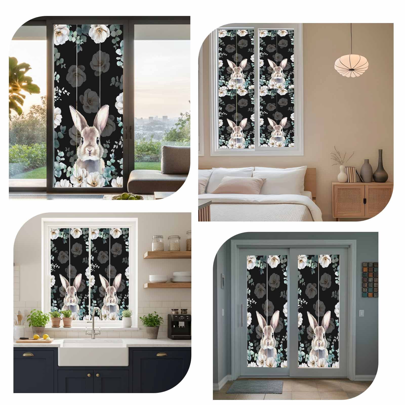 Easter Rabbit Window Privacy Film, Watercolor Bunny White Floral Leaf Black Background Frosted Glass Window Clings Static Cling UV Heat Blocking Reusable Door Sticker for Bathroom 23.6 x 59 Inch