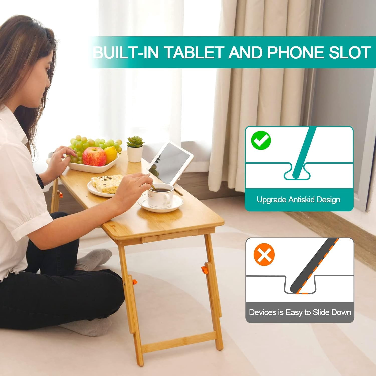 Large Bamboo Lap Desk with Adjustable Height & Angle, Foldable Bed Table with Drawer & Tablet Slot for Laptop Writing Eating Sofa Floor