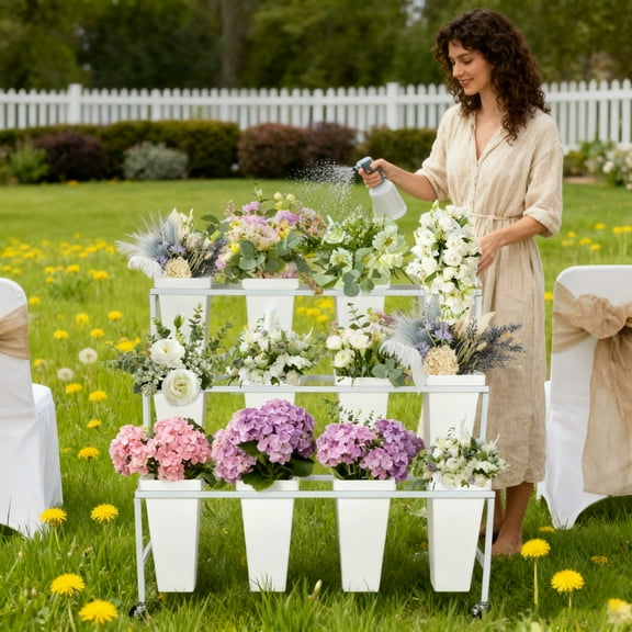 Iron 12 White Square Bucket Flower Display Stand, Flower Stand with Heavy Duty Florist Moving Rack, 3 Tier Metal Flower Bar Rolling Flower Cart for Garden and Home Decoration (Movable with Wheels)
