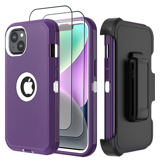 Hotpom for iPhone 15 phone Case with 2 Pack Screen Protector Heavy Duty Shockproof Drop Proof Protection with Black Belt Clip, Purple/ White