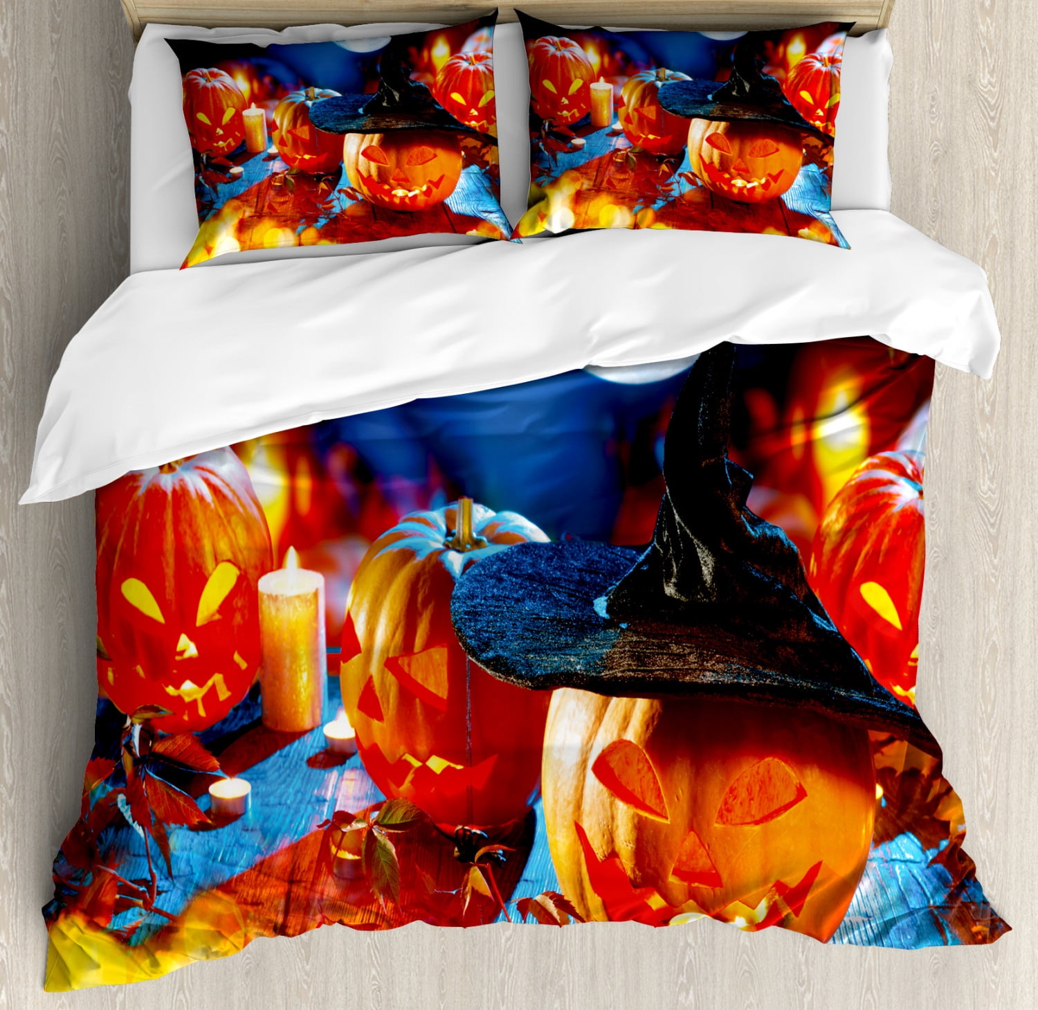 Halloween Duvet Cover Set King Size, Photo of Scary Pumpkins and