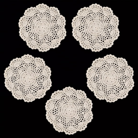 5-Pack Vintage Round Crochet Doilies, 8 Inch Handmade 100% Cotton Lace Placemats, Washable Scalloped Edge Doily Set for Wedding Decor, DIY Crafts & Table Settings, Beige