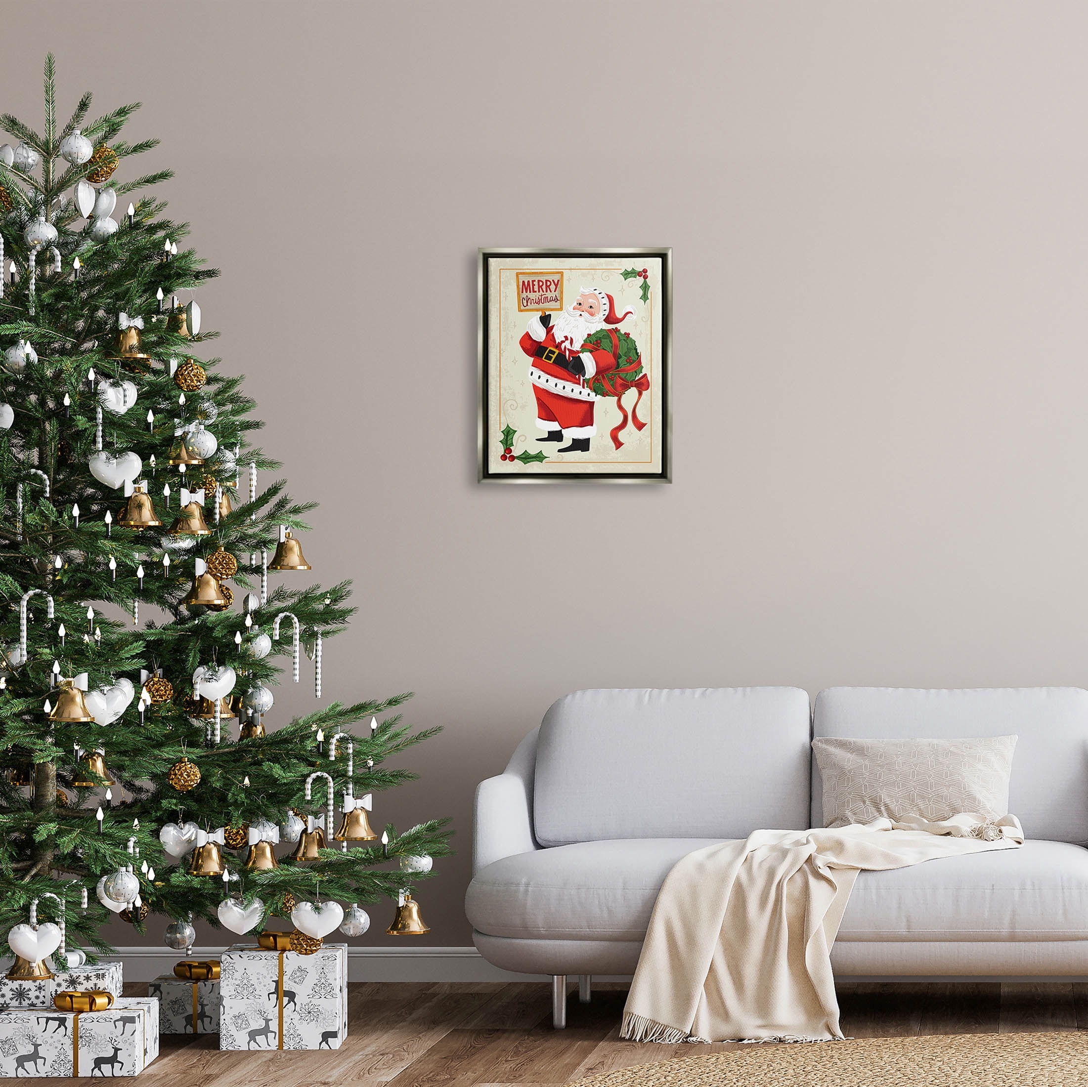 Stupell Industries Vintage Merry Christmas Santa Graphic Art Luster Gray Floating Framed Canvas Print Wall Art, Design by Arrolynn Weiderhold