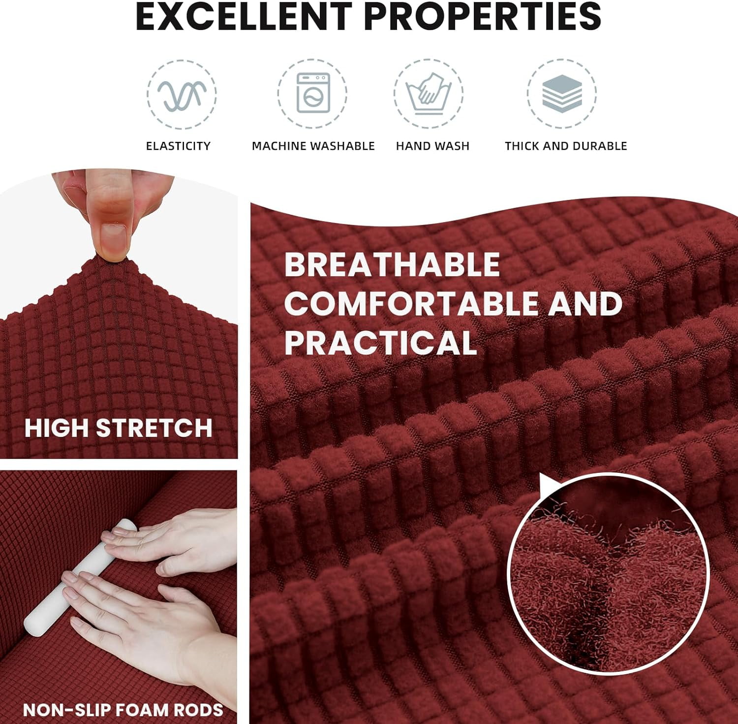 XmhyTop Stretch Sofa Slipcovers Couch Covers for 3 Cushion Washable Non - Slip Couch Sofa Cover with Elastic Bottom - Pet Friendly Furniture Protector (Large,Wine Red)