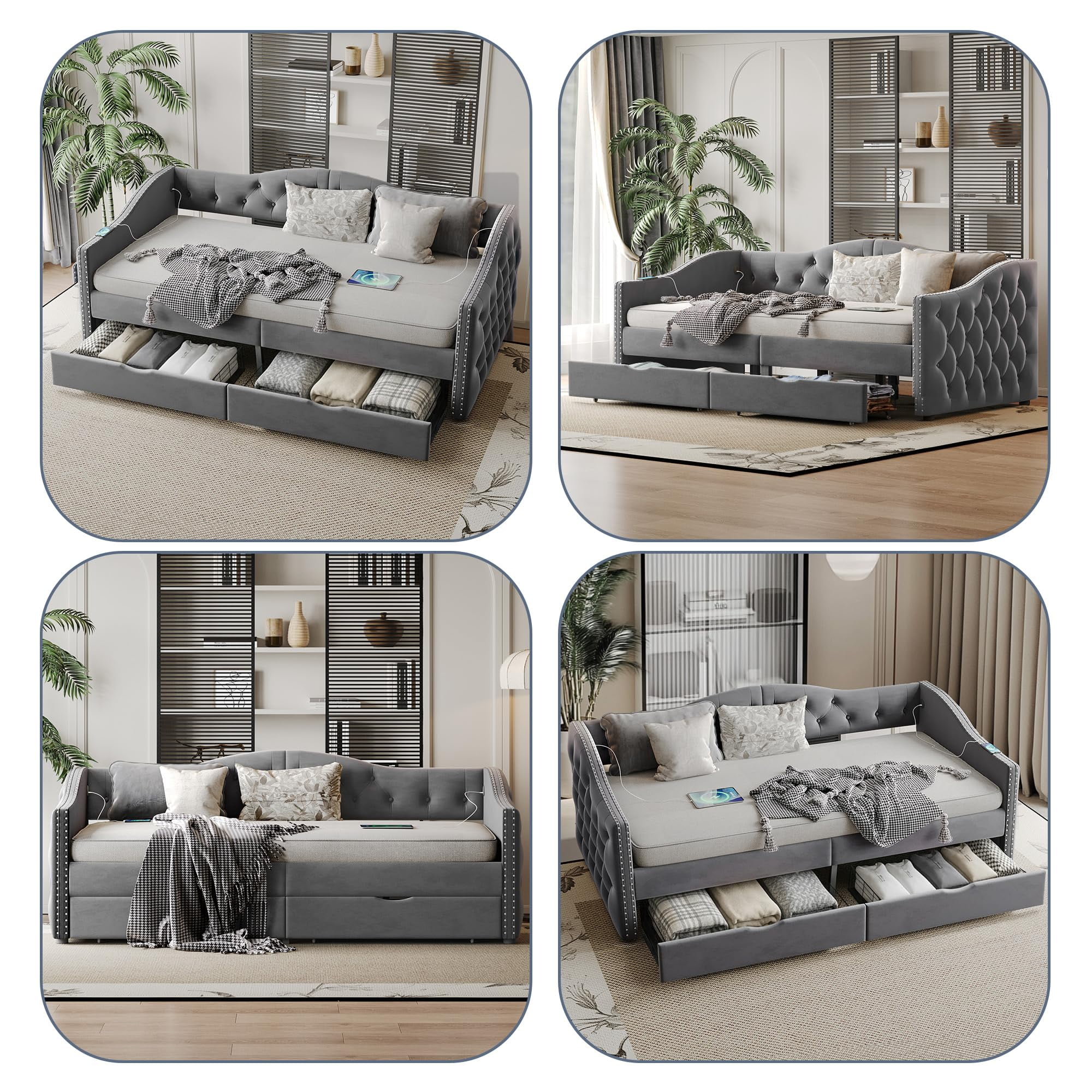 Miniyam Twin Upholstered Daybed with Drawers, Tufted Velvet, Gray