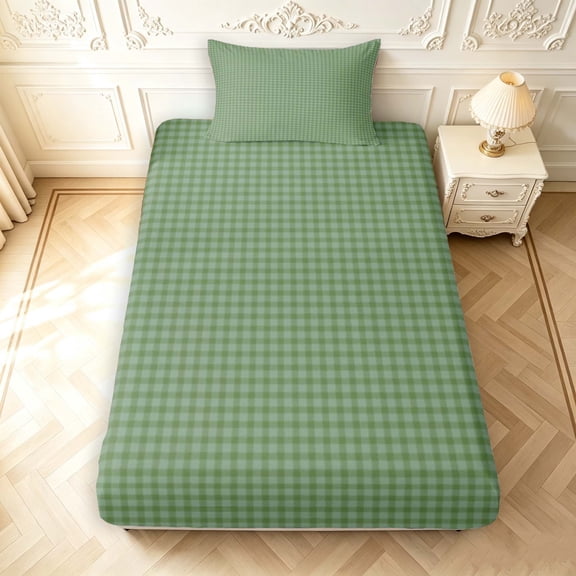 Manfei Modern Checkered Twin Fitted Sheet,Geometric Check Bedding,Olive,2-Piece,1 Fitted Sheet and 1 Pillowcase
