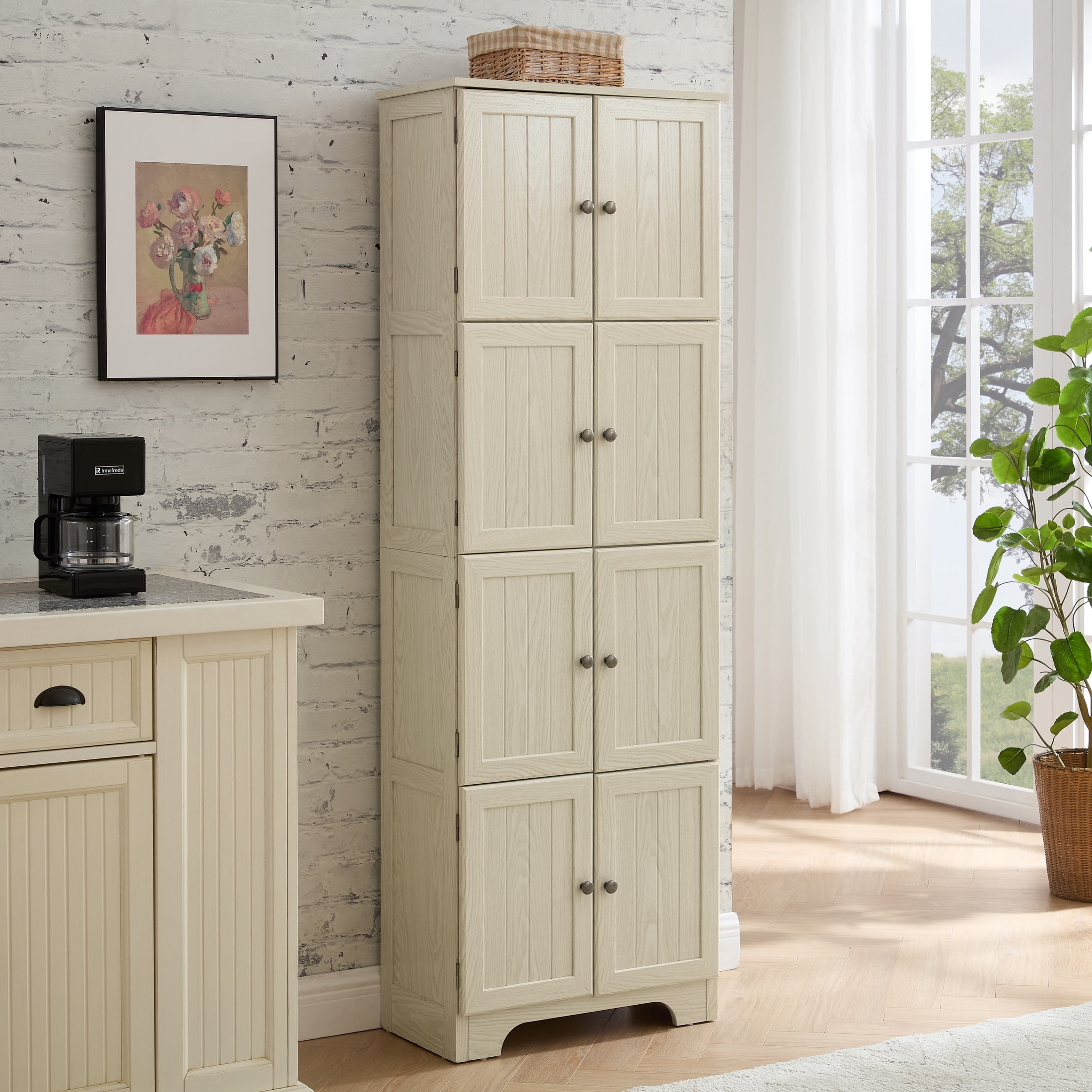 Noble House Vandal 72.4" Tall Storage Cabinet, 8-Door Freestanding Pantry Bookshelf with Shelves, Kitchen, White