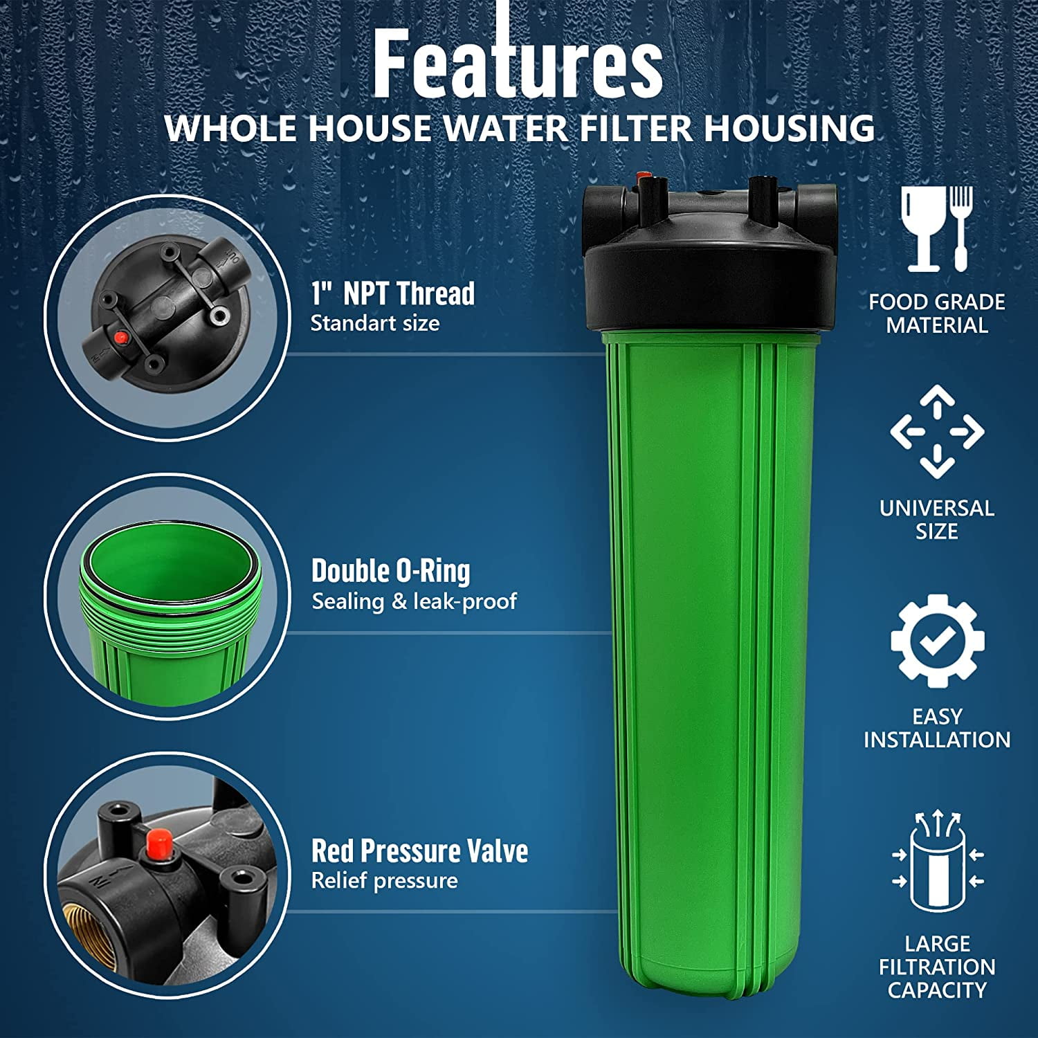 High Capacity 20 x 4.5 Whole House Filter Purifier System for Well or City Water, Presser Relief Button, 1 NPT Brass Port, Double O-ring, Meets NSF Standards & Regulations (Green, 2 Sets)
