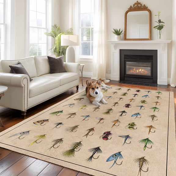 Fish Hook Large Area Rugs 8x10 ft Retro Colorful Fish Hook Biographies Linen Texture Washable Rug Non Slip Indoor Carpet Absorbent Floor Mat for Living Room Bedroom Dining Room