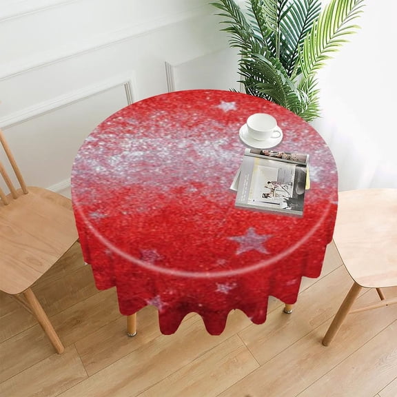 RKSupls 60 Inch Round Tablecloth, Red Glitter Star Premium Polyester Straight Edge Wrinkle Resistant Washable Table Cover for Party Home Dining Decor